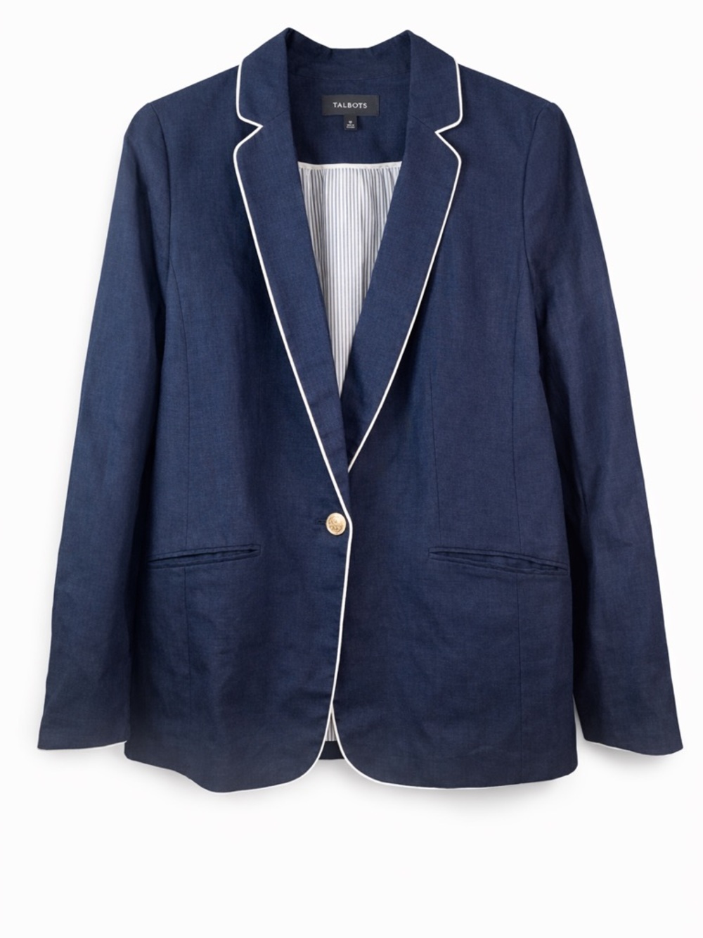 Talbots Navy Linen Blazer White Trim Size 12 Coastal Preppy Jacket